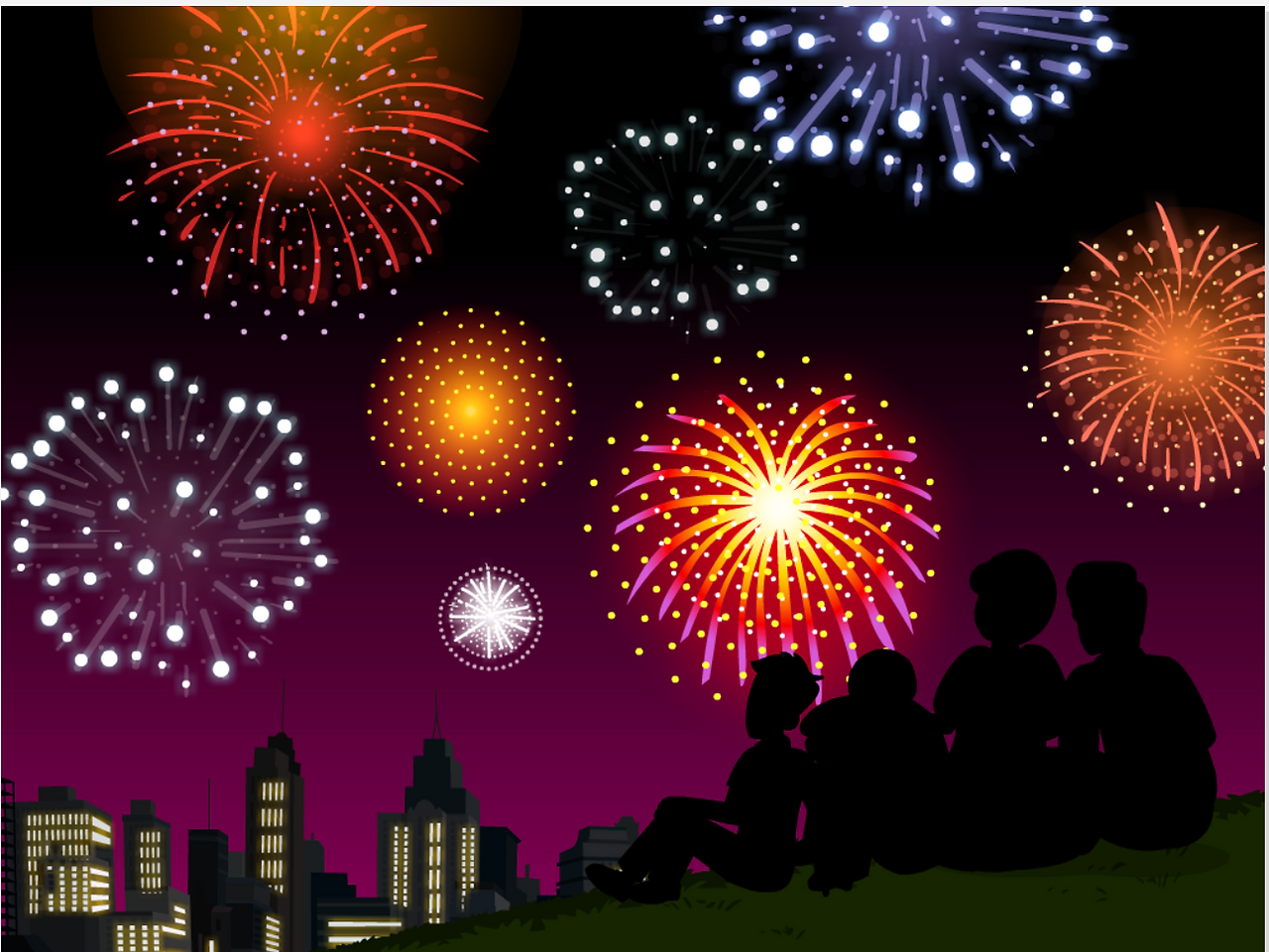 Fireworks against a city skyline at night. From BrainPOP's Independence Day movie.