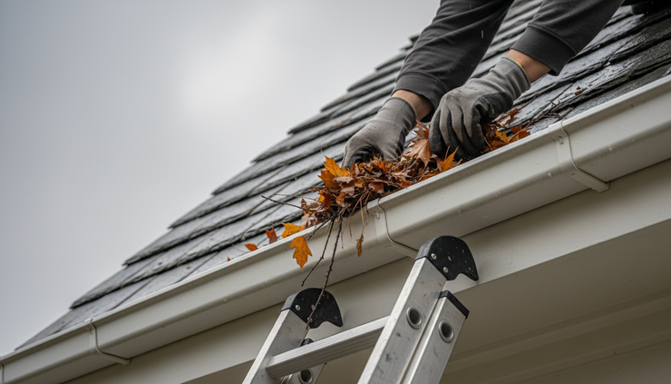 Close-up view of leaves being cleared from a residential gutter.