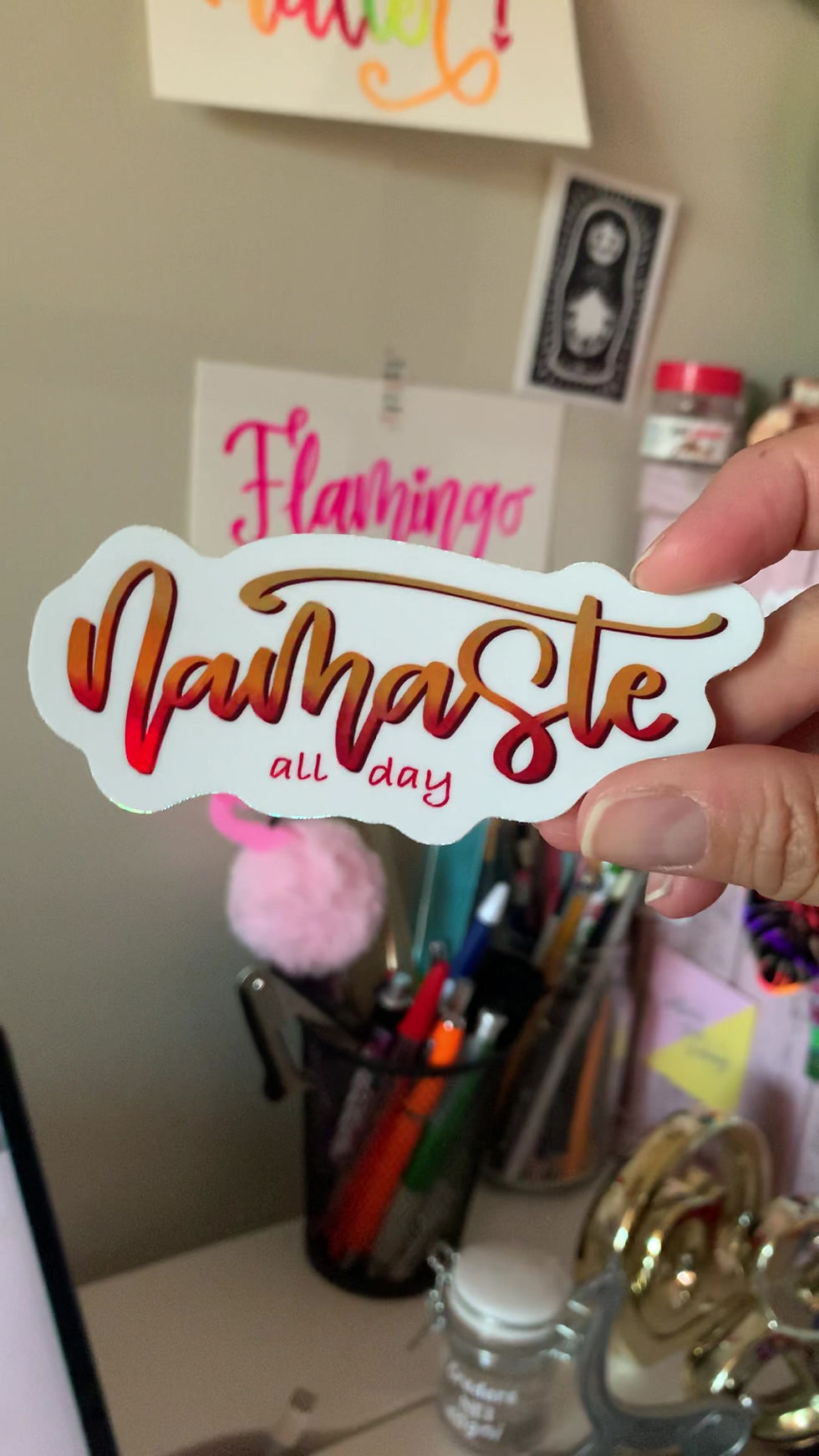 Miniatura: Namaste all day Lettering Silver Vinyl proof. 3.9"x1.6" hand lettering Sticker.