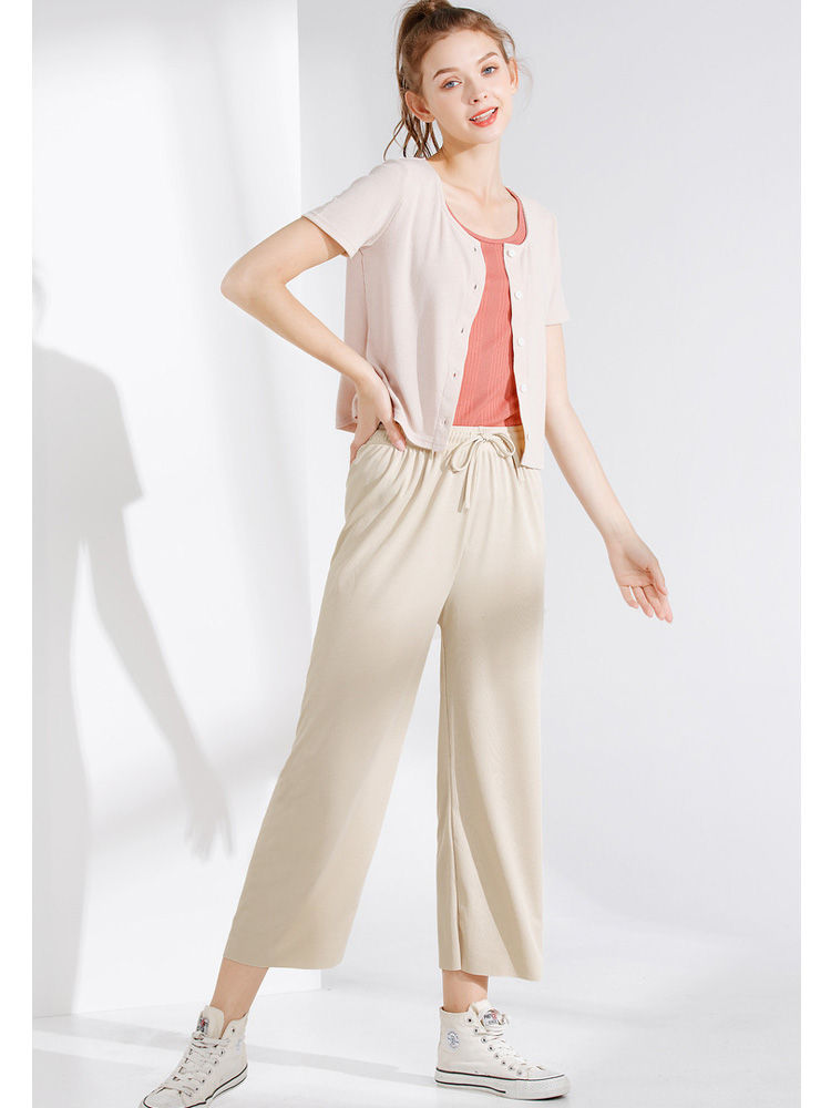 Thumbnail: Women Ankle-Length Wide Leg Pants Casual Summer Solid Elastic Waist Loose Ice Si