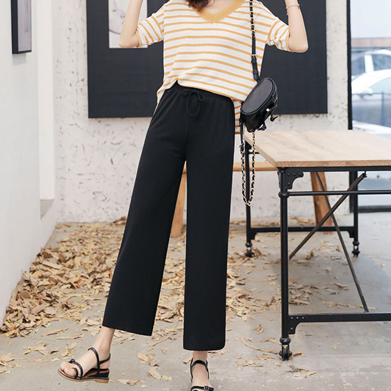 Thumbnail: Women Ankle-Length Wide Leg Pants Casual Summer Solid Elastic Waist Loose Ice Si