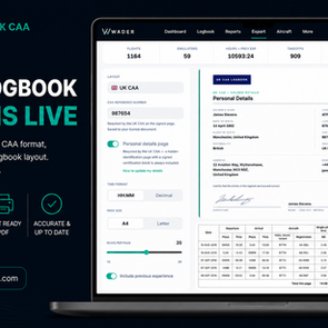 UK CAA logbook export is live in Wader. The web app export panel showing the UK CAA layout, CAA reference number, personal details page toggle and A4 page size, next to a print preview of the holder details page and flight log columns.