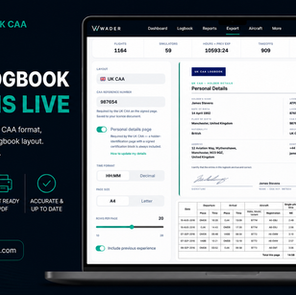 UK CAA logbook export is live in Wader. The web app export panel showing the UK CAA layout, CAA reference number, personal details page toggle and A4 page size, next to a print preview of the holder details page and flight log columns.