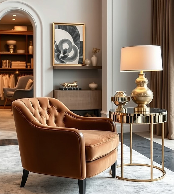 luxury chair and side table with lamp for a luxury home goods store .jpg