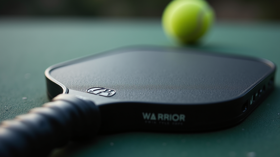 Close-up view of Diadem Warrior pickleball paddle face showing textured graphite surface