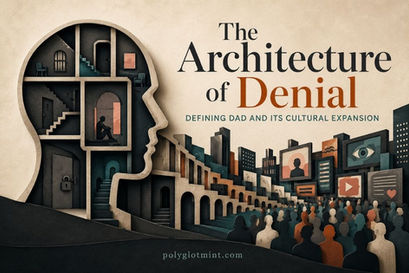 Large head-shaped interior made of rooms and staircases expands into a city of media screens and crowds, illustrating private repression becoming public design, with the title “The Architecture of Denial” and subtitle “Defining DAD and Its Cultural Expansion.”