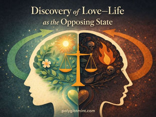 Paper-cut style split-face illustration: left side lush green with sun and flowers, right side dark orange with skulls and flames, a gold balance scale centered, title at top, “polyglotmint.com” at bottom.