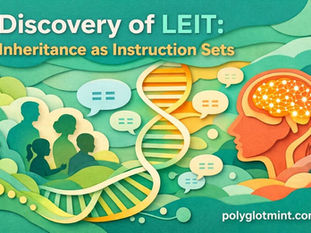 Paper-cut cover image showing a DNA helix linking a family group and a human profile with a glowing brain, in teal, mint, cream, and orange, with the title “Discovery of LEIT: Inheritance as Instruction Sets” and polyglotmint.com.