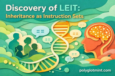 Paper-cut cover image showing a DNA helix linking a family group and a human profile with a glowing brain, in teal, mint, cream, and orange, with the title “Discovery of LEIT: Inheritance as Instruction Sets” and polyglotmint.com.