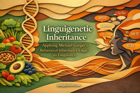 Paper-cut style illustration showing fruits, vegetables, nuts, a DNA helix, and a woman’s profile made of layered speech and language shapes. The title “Linguigenetic Inheritance” appears in the center with the subtitle below, and “polyglotmint.com” sits at the bottom in warm parchment, teal, and burnt orange tones.