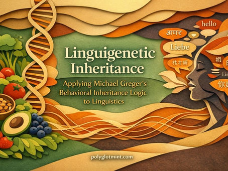 Paper-cut style illustration showing fruits, vegetables, nuts, a DNA helix, and a woman’s profile made of layered speech and language shapes. The title “Linguigenetic Inheritance” appears in the center with the subtitle below, and “polyglotmint.com” sits at the bottom in warm parchment, teal, and burnt orange tones.