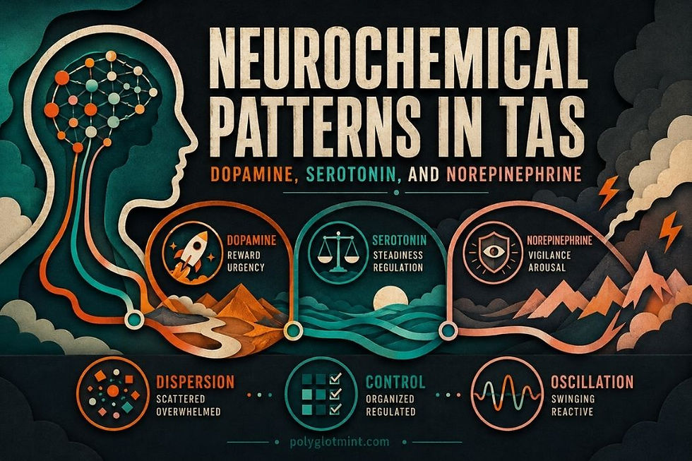 Paper-cut cover image for *Psychomedia 101: TAS Model* with three visual sections representing attentional dispersion, compulsive control, and state oscillation in PolyglotMint colors.