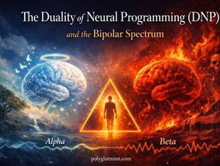 Cinematic cover showing a split brain landscape—one side calm and luminous, the other fractured and fiery. Text reads “The Duality of Neural Programming (DNP) and the Bipolar Spectrum,” with “polyglotmint.com” at the bottom.