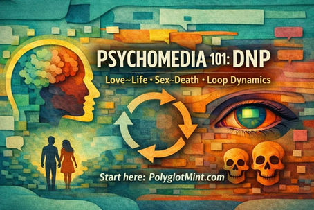 Paper-cut style cover image for “Psychomedia 101: DNP.” A teal and orange layered collage shows a human profile with a brain-like form, a circular loop arrow, a large eye, two skulls, and a small couple walking together. Text reads: “Psychomedia 101: DNP,” “Love–Life • Sex–Death • Loop Dynamics,” and “Start here: PolyglotMint.com.”