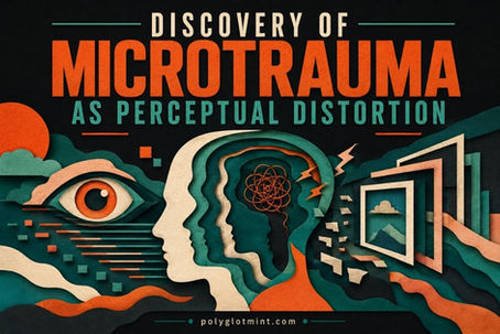 Paper-cut cover image for Discovery of Microtrauma as Perceptual Distortion showing layered faces, an eye, and distorted framed images to represent repeated perceptual disruption in PolyglotMint colors.