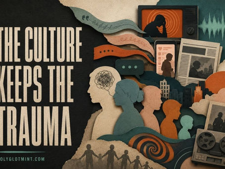 Paper-cut style poster in PolyglotMint colors showing “The Culture Keeps the Trauma” above layered silhouettes across generations, surrounded by symbols of media, family, stories, and institutions.