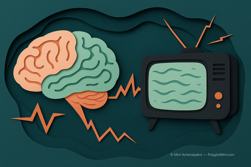 Layered human brain facing an old TV screen, connected by signal lines.