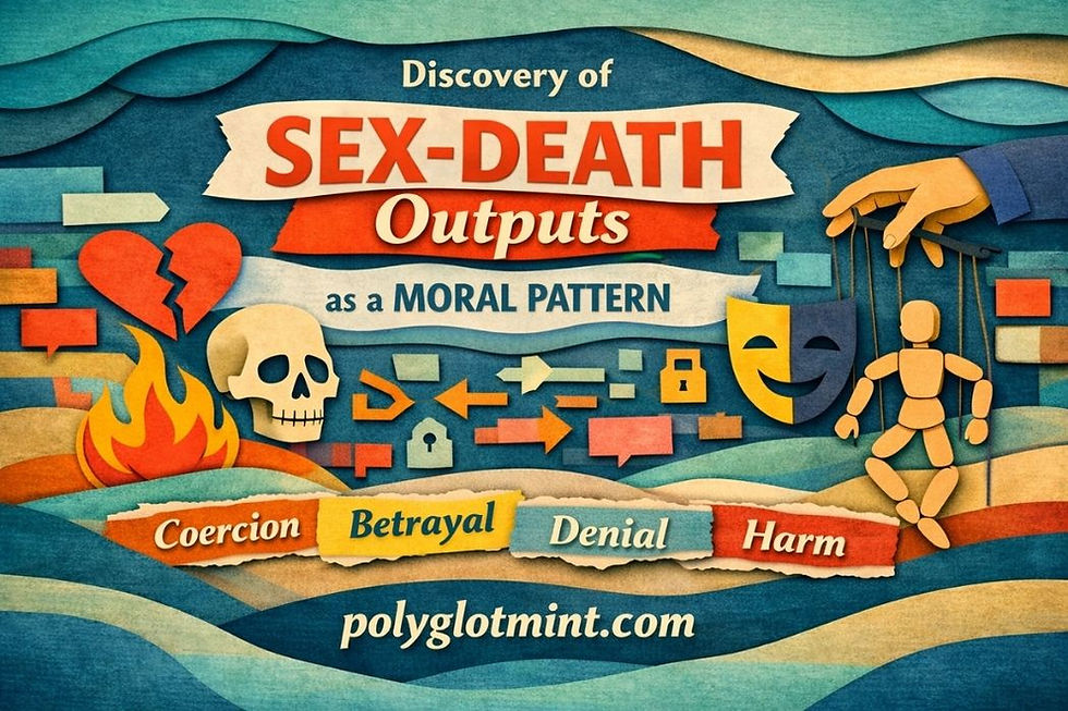 Paper-cut style horizontal cover with layered teal and parchment waves, bold title “Discovery of Sex–Death Outputs as a Moral Pattern,” and symbols of compulsion and harm: broken heart, skull, flames, arrows, a mask, and a marionette, plus “polyglotmint.com” at the bottom.