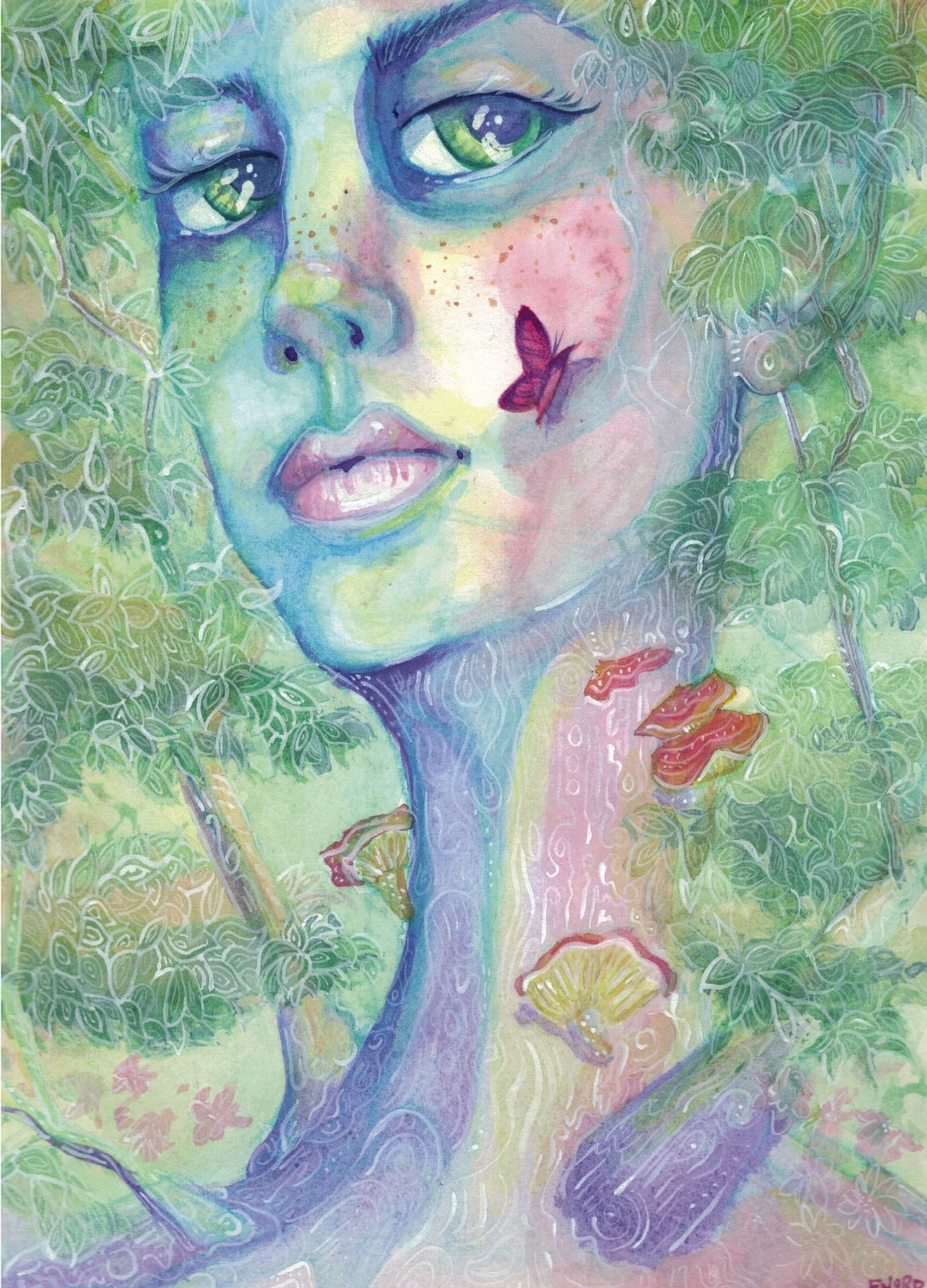 A stylized watercolor and ink Illustration of a woman she appears as though she is a tress there are mushrooms sprouting from her neck that is designed to look like a tree trunk, she has a serene yet powerful expression