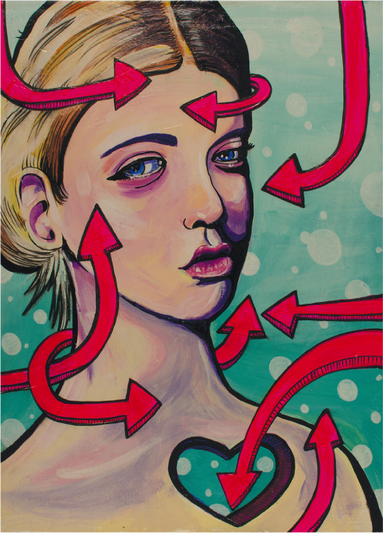 A painting of a woman, she looks sad, she has a heart shaped hole in her ch3sy and there are pinkish red graphic styled arrows coming at her from all directions