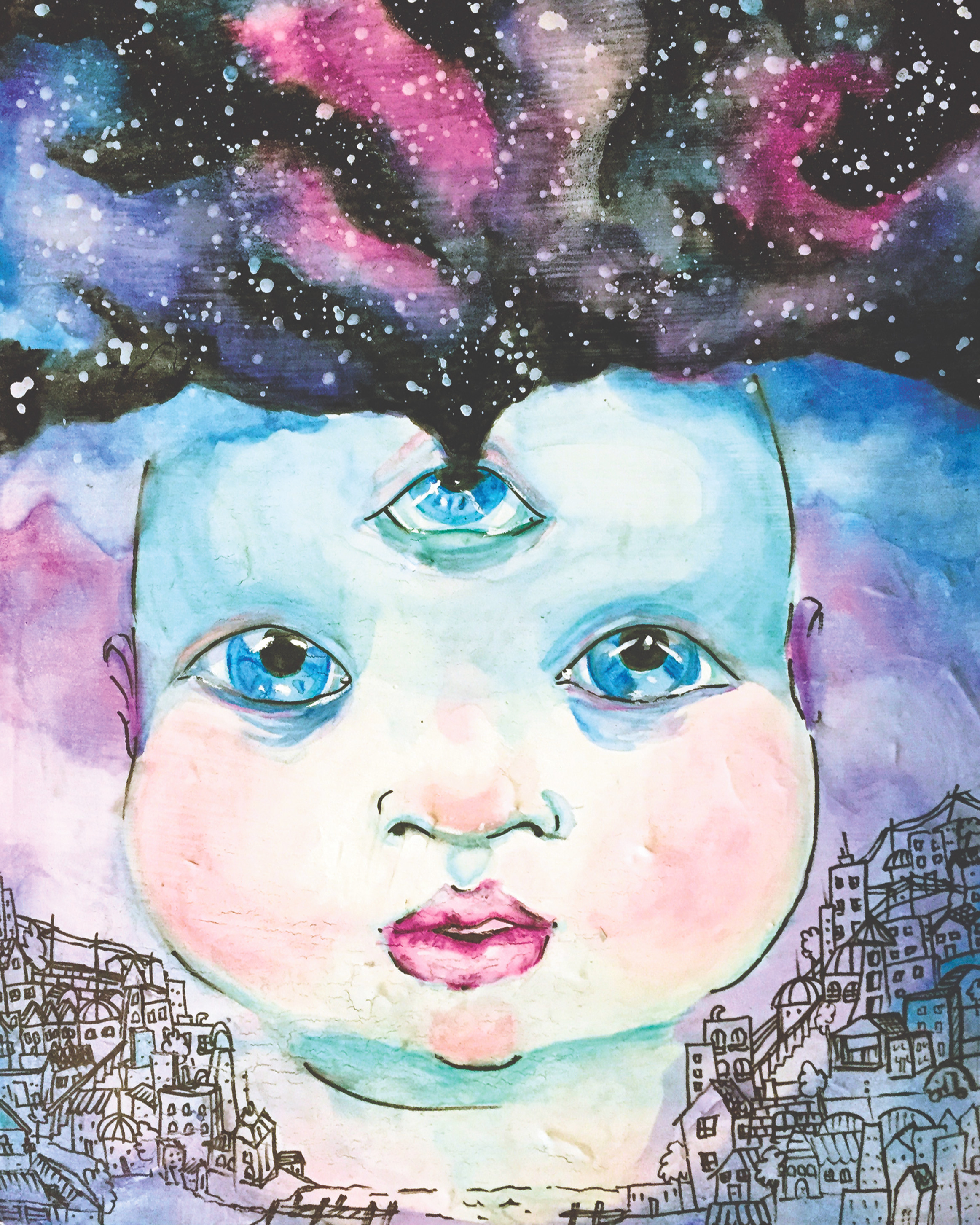 a surreal watercolor painting of a large child-like head with a third eye in forhead, from this third eye it appears as the the cosmos is spreading out beneath the head drawn ink is a small village