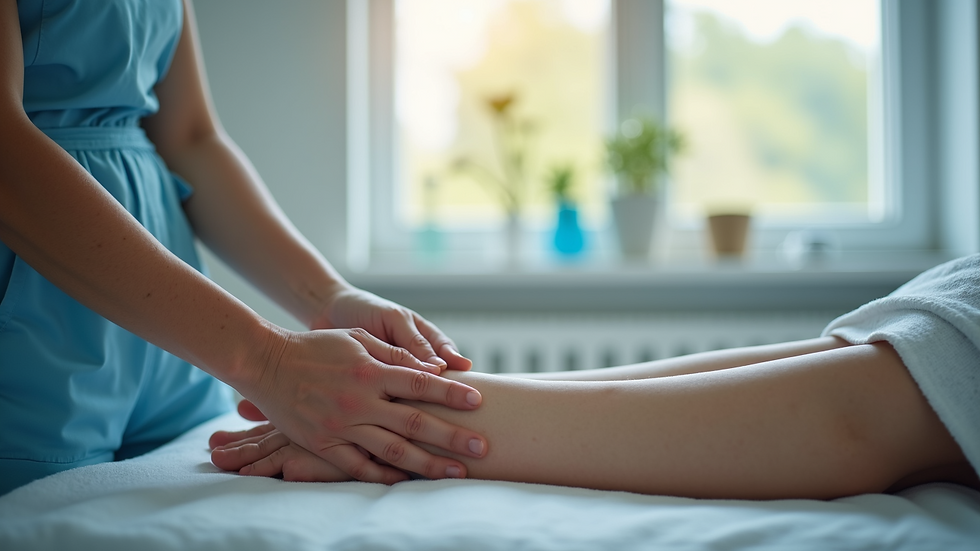 Eye-level view of a therapist demonstrating lymphedema treatment techniques