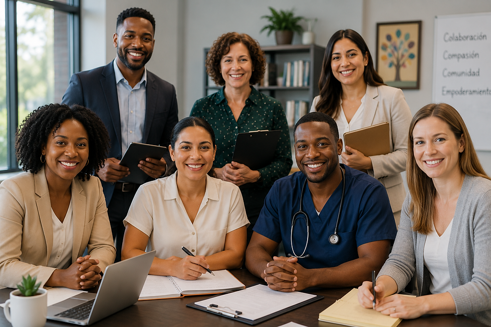 A diverse group of healthcare and professional staff smiling together in a bright office