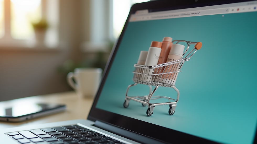 Close-up view of a laptop screen showing an online shopping cart with Luminae products