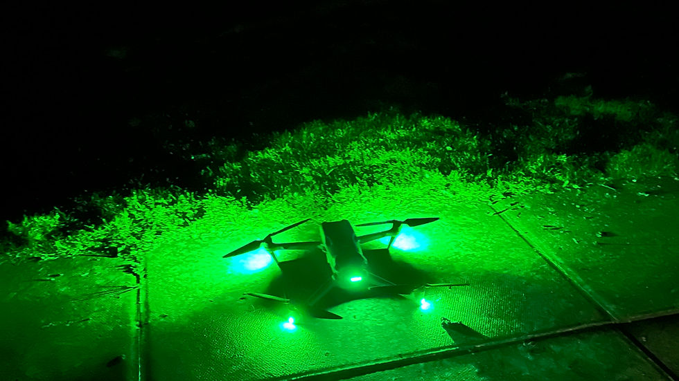 DJI Air 3 drone on the ground ready for takeoff during a night shoot.