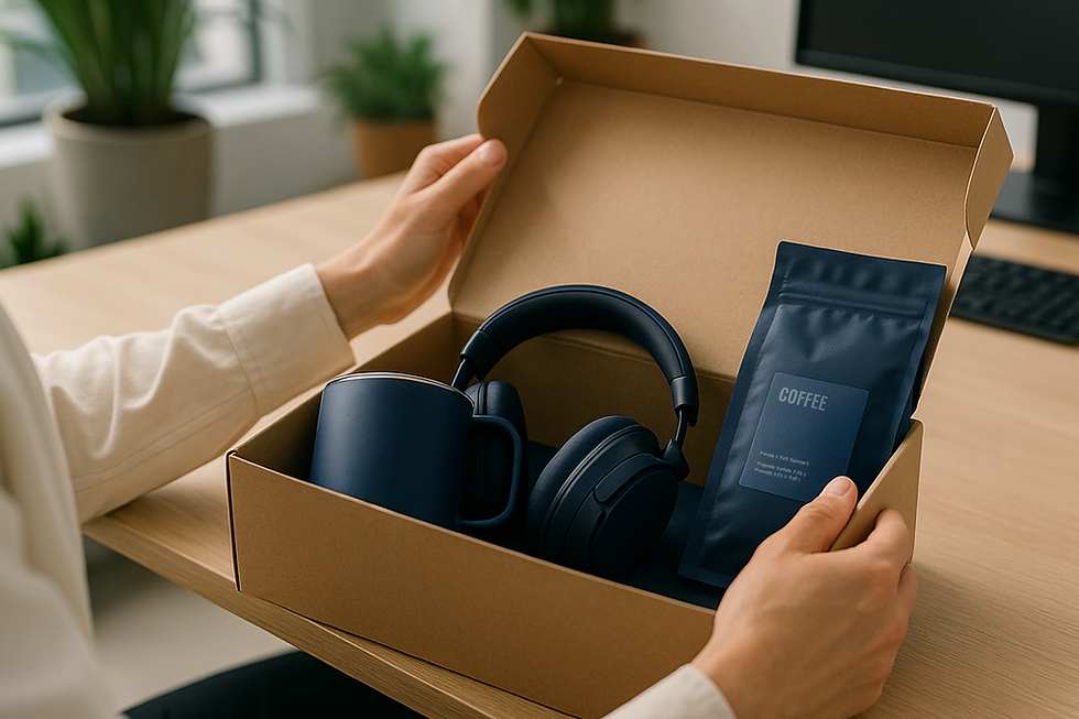 Employee opening corporate gift box with blue mug, noise cancelling headphones, and coffee package on a wooden desk. Plants and windows in background.