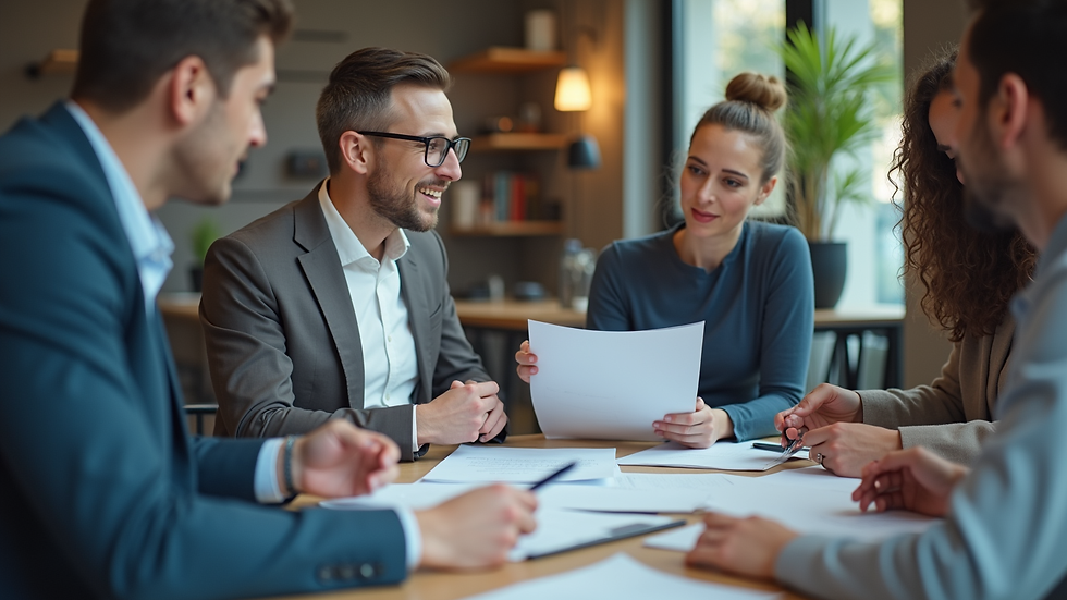 Close-up view of a digital marketing team discussing SEO strategy around a table