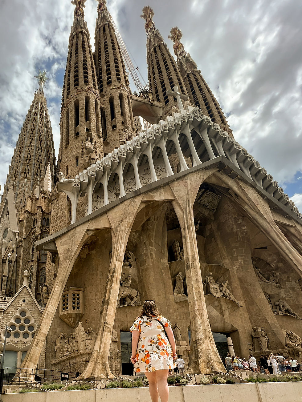 Girl in a summer dress walking towards the Sagrada Familia in Barcelona