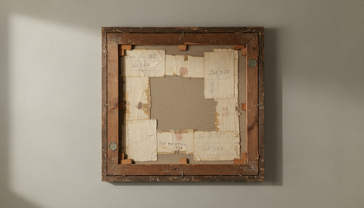 Overhead view of a painting turned over to show old gallery labels and handwritten marks.