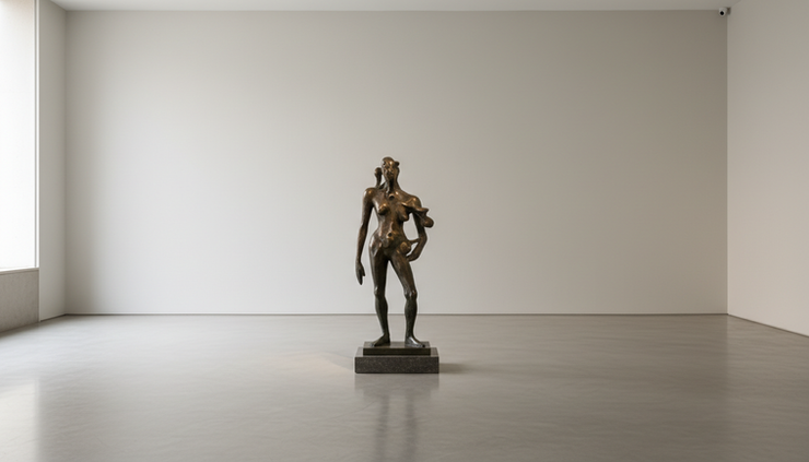 Vista em ângulo aberto de uma escultura moderna numa sala neutra