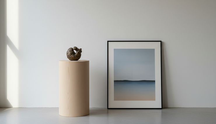 Wide-angle view of a small bronze sculpture on a simple pedestal beside a framed print