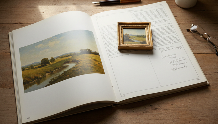 Vue en légère plongée d’un catalogue de ventes aux enchères ouvert près d’un petit tableau encadré