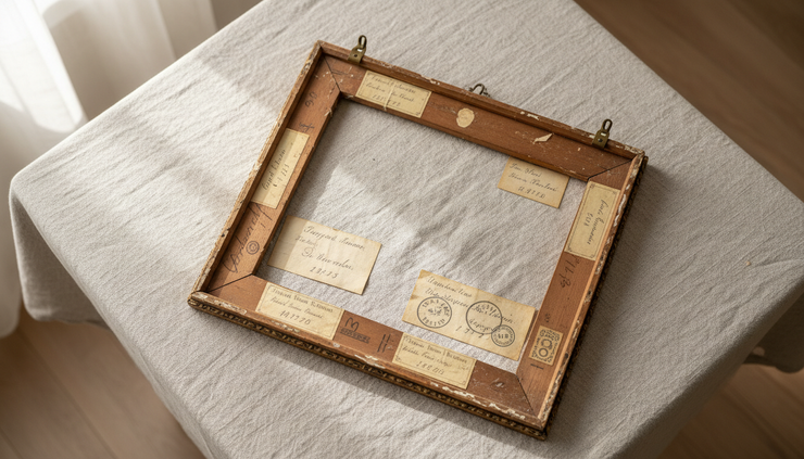 Overhead view of an antique painting turned over to show labels on the back of its frame