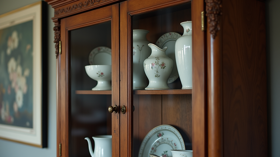 Eye-level view of antique cabinet with glass doors displaying porcelain