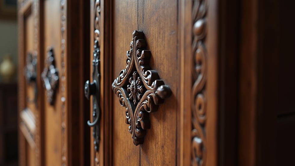 Close-up view of antique cabinet door with intricate wood carvings