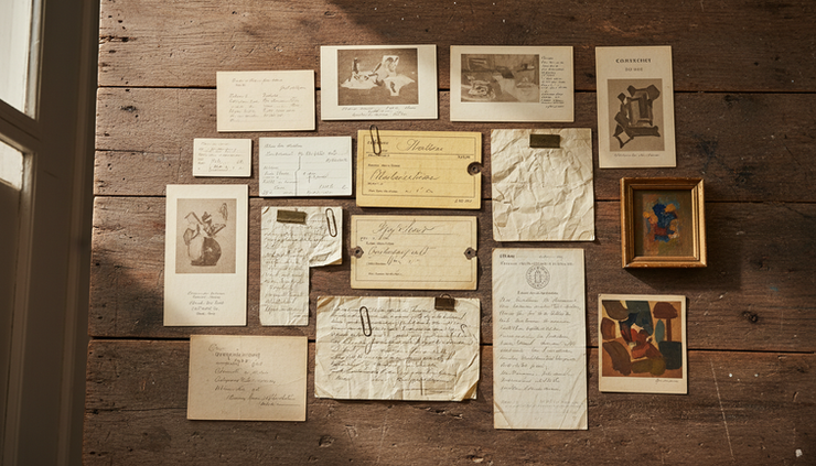 Overhead view of old gallery labels, receipts, and a framed artwork on a wooden table