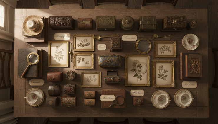 Vue en plongée d’une table couverte de bijoux anciens, de cadres dorés et de petites céramiques.