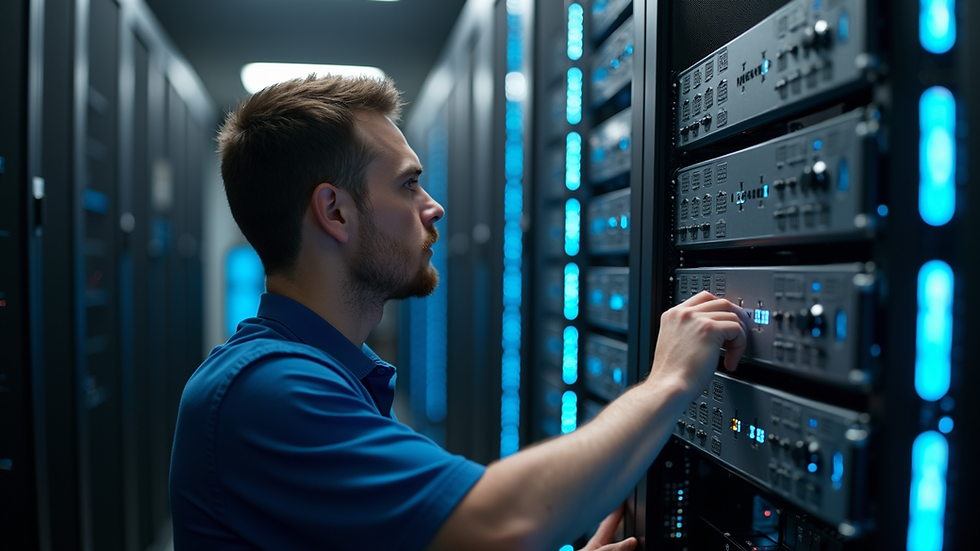 Close-up view of a technician working on a server rack in a data center