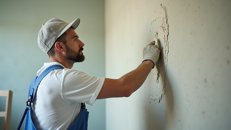 Eye-level view of a professional plasterer applying plaster to a wall