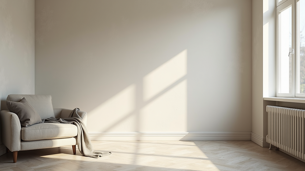 Eye-level view of a freshly plastered wall in a modern living room