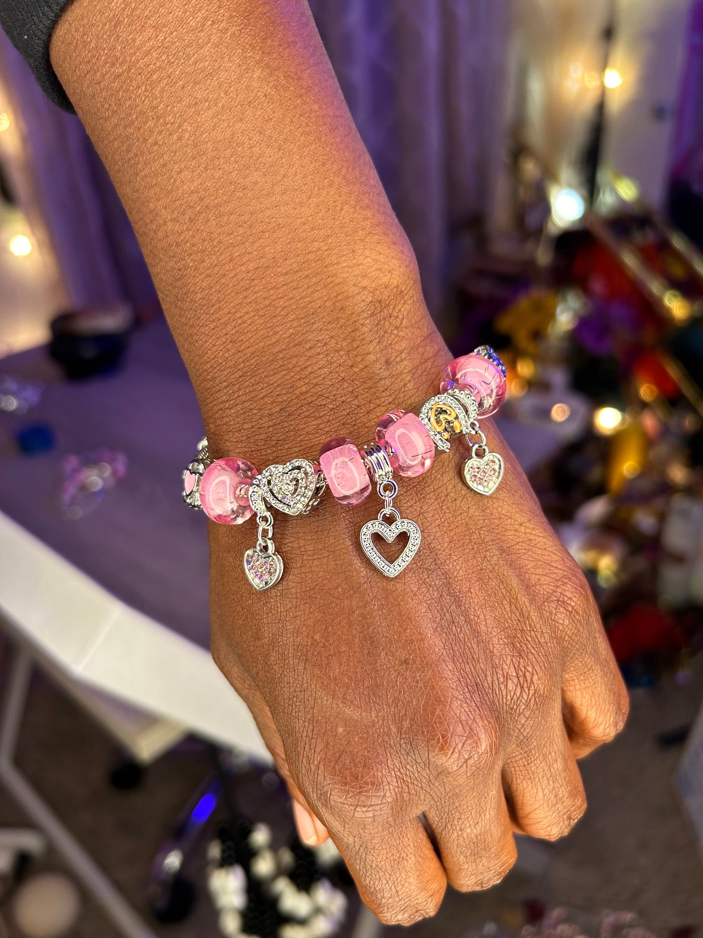 Stainless Steel Bracelet Pink Charms