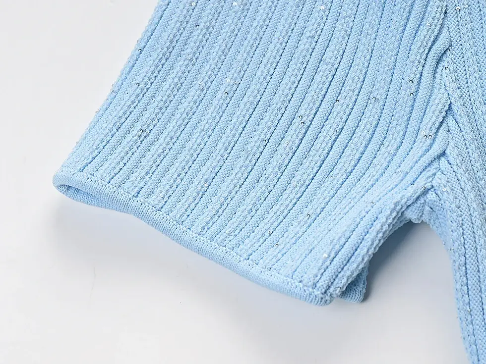 Thumbnail: Vintage Lady Turn-Down Collar  Knit Sequin Slim Fitted Flounced Short  Dress