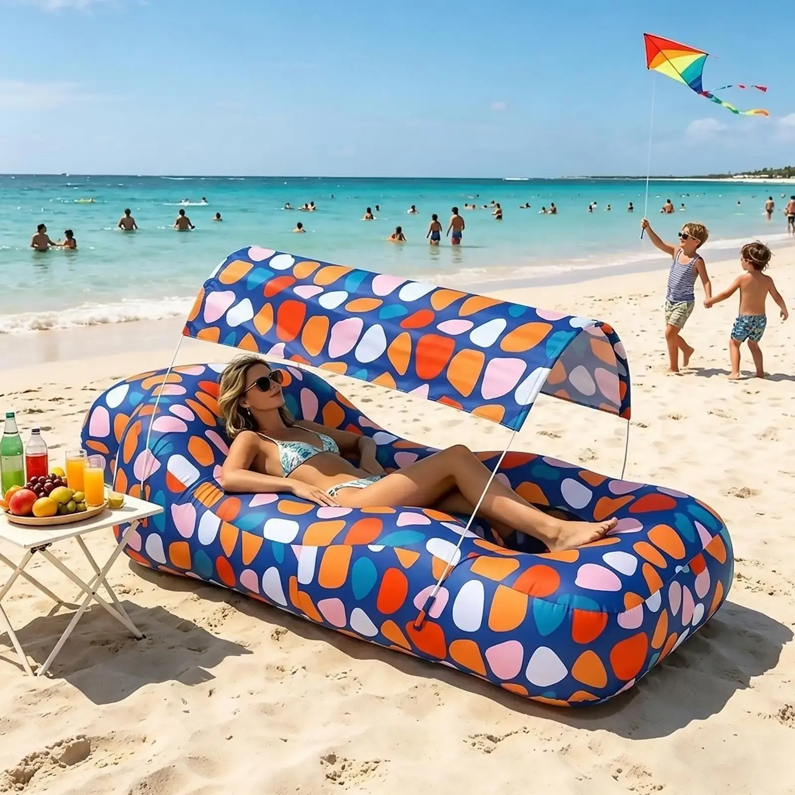 Inflatable Beach Lounger Camping Air Sofa With Sun Shade