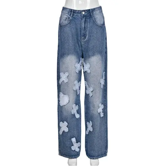 Thumbnail: Cross Print Trousers Denim Cargo Pants for Ladies Women's Pants