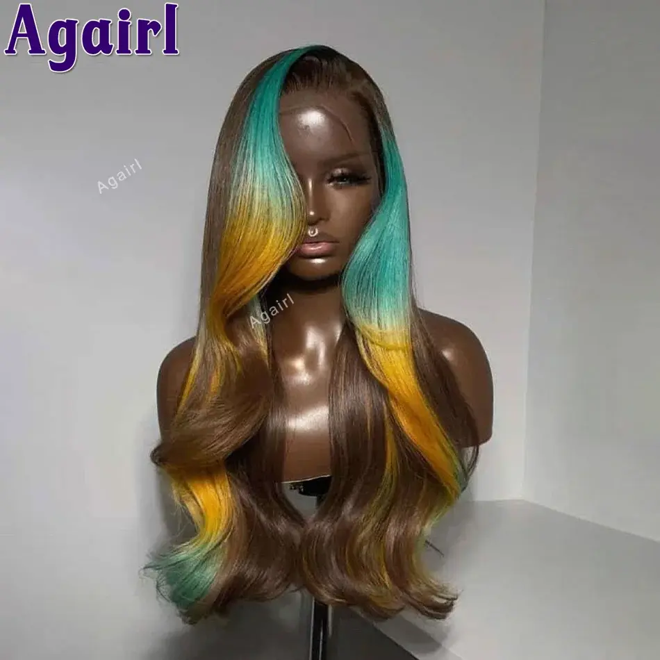 Thumbnail: Highlights Blue Yellow Lace Closure Body Wave  Lace Frontal Human Plucked 200%