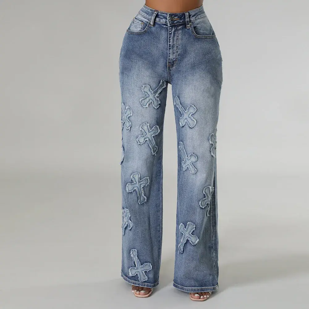 Cross Print Trousers Denim Cargo Pants for Ladies Women's Pants
